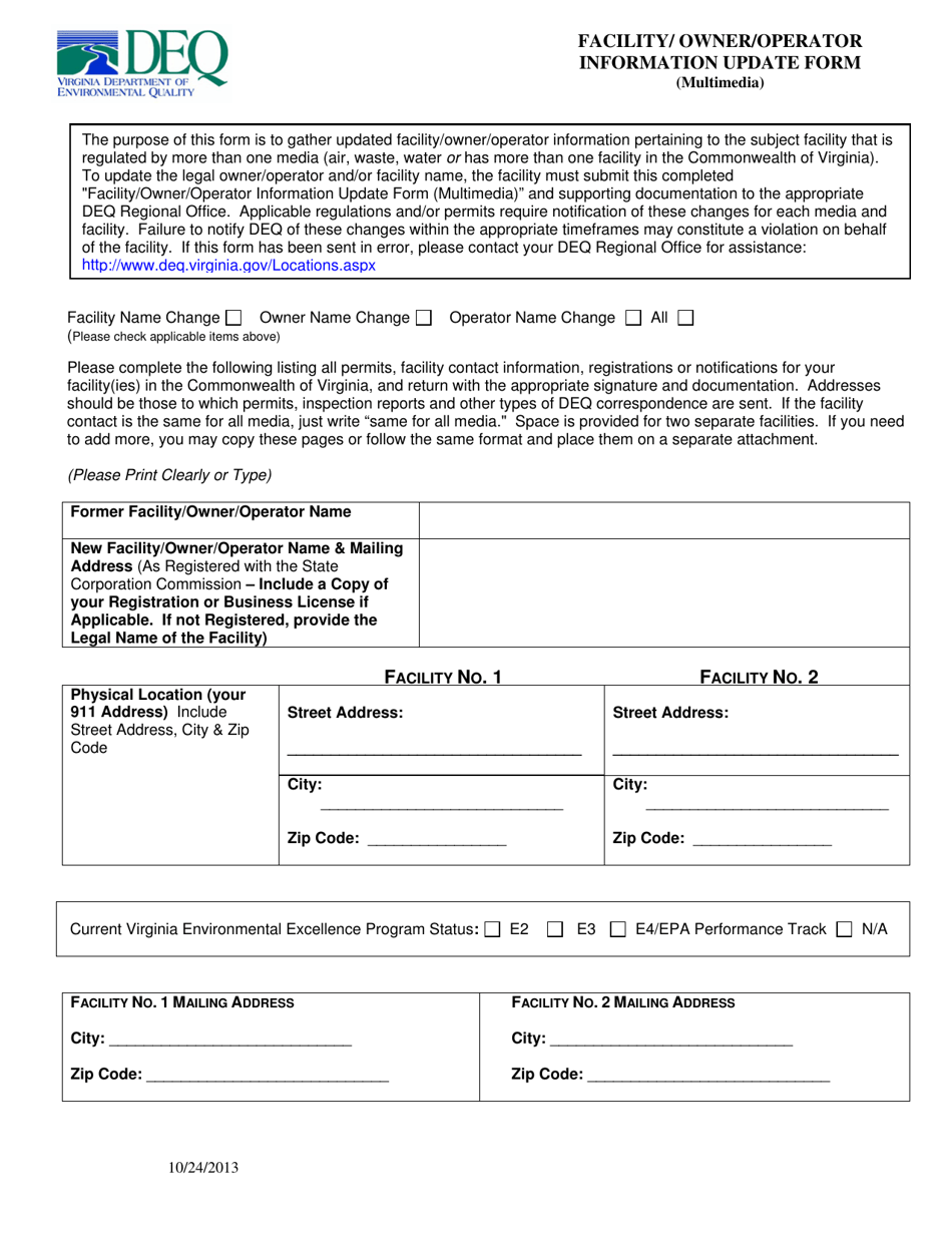 Facility / Owner / Operator Information Update Form (Multimedia) - Virginia, Page 1