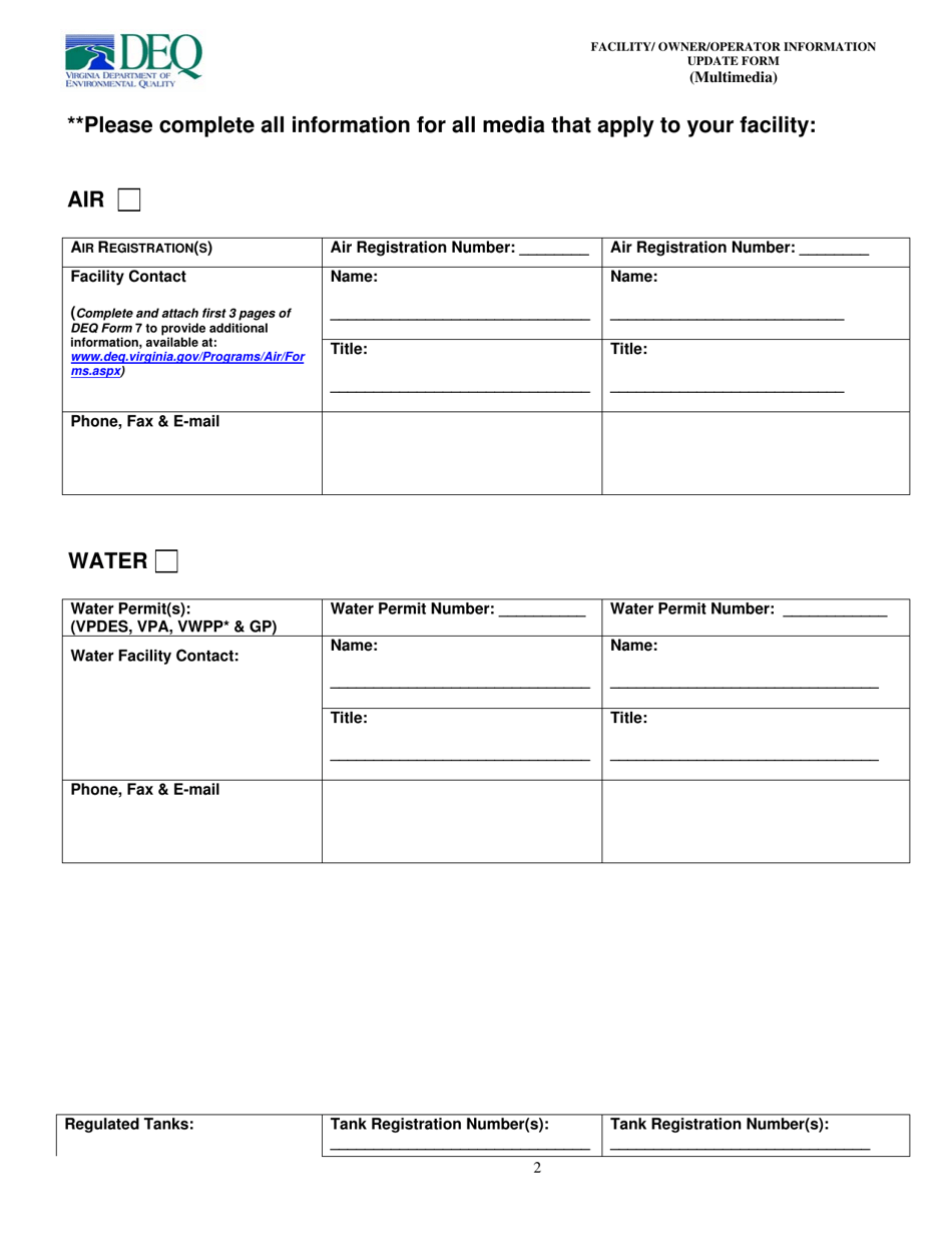 Facility / Owner / Operator Information Update Form (Multimedia) - Virginia, Page 2