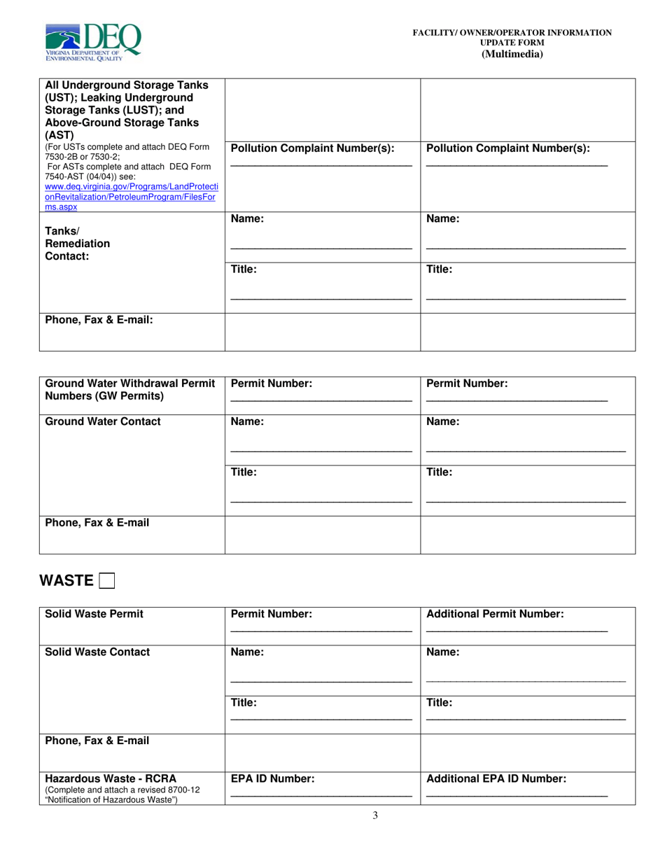 Facility / Owner / Operator Information Update Form (Multimedia) - Virginia, Page 3