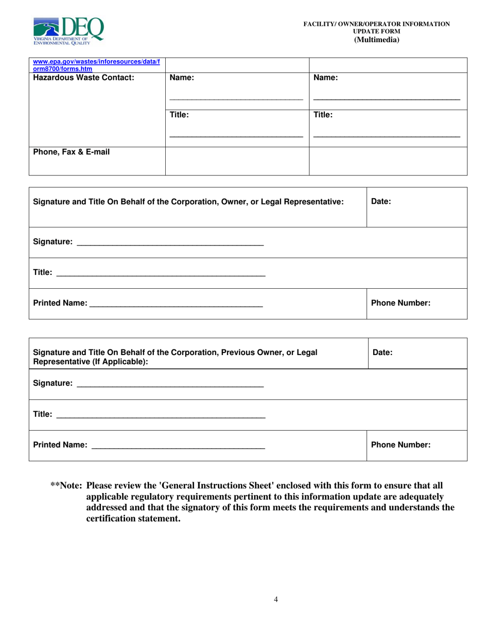 Facility / Owner / Operator Information Update Form (Multimedia) - Virginia, Page 4