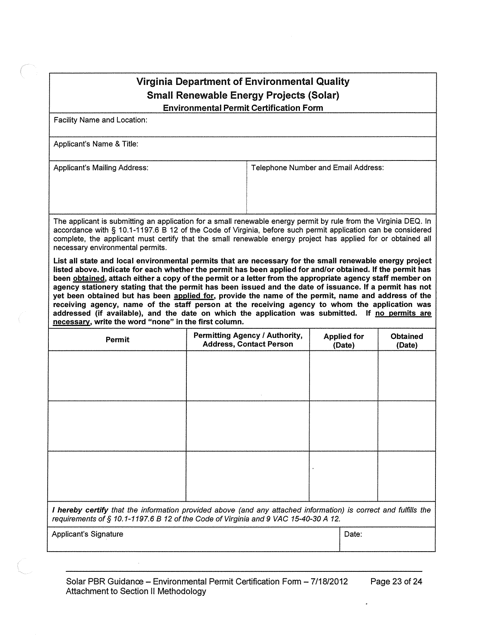 Form REW-2 Environmental Permit Certification Form - Small Renewable Energy Projects (Solar) - Virginia