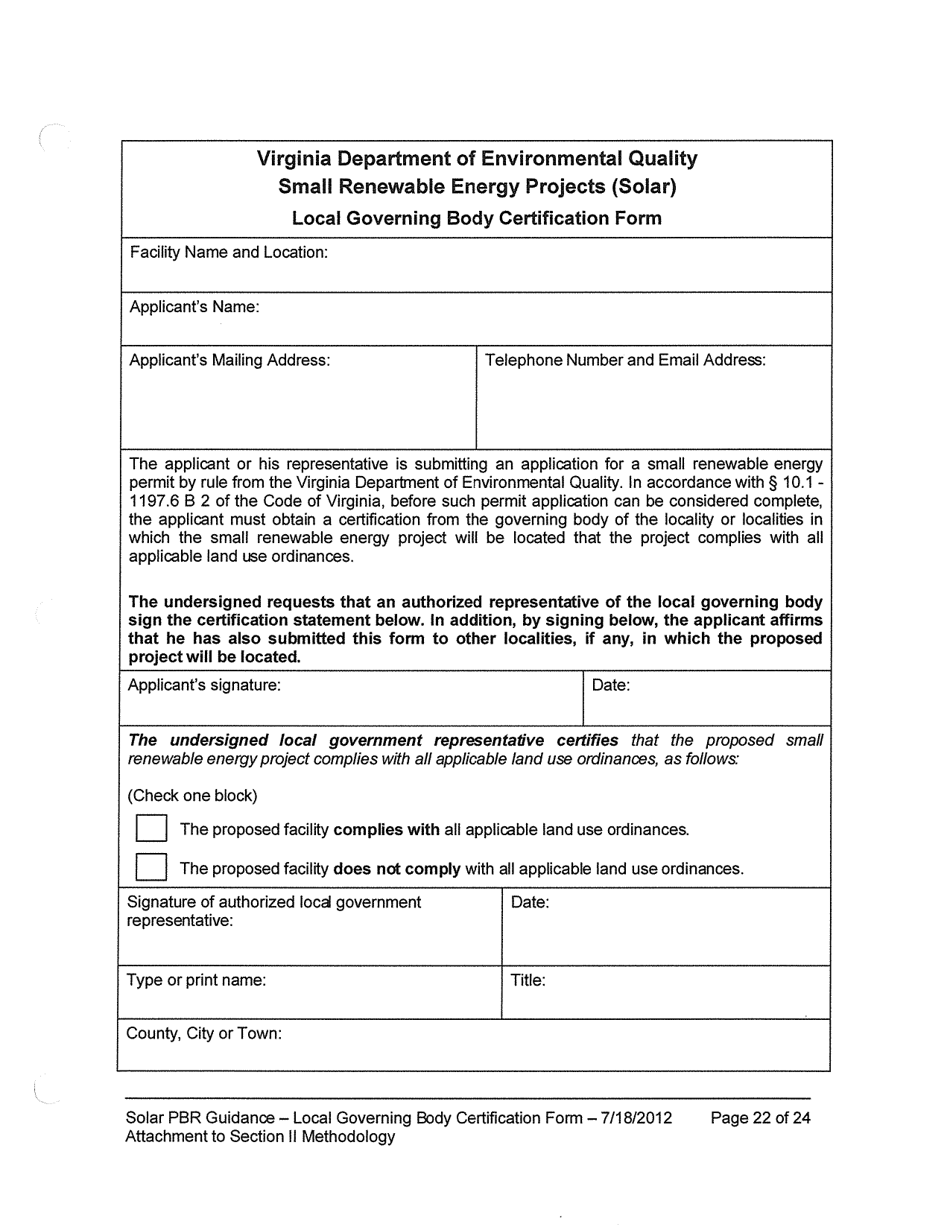 Form REW-1 Local Governing Body Certification Form - Small Renewable Energy Projects (Solar) - Virginia, Page 1