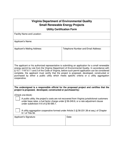 Utility Certification Form - Small Renewable Energy Projects - Virginia Download Pdf
