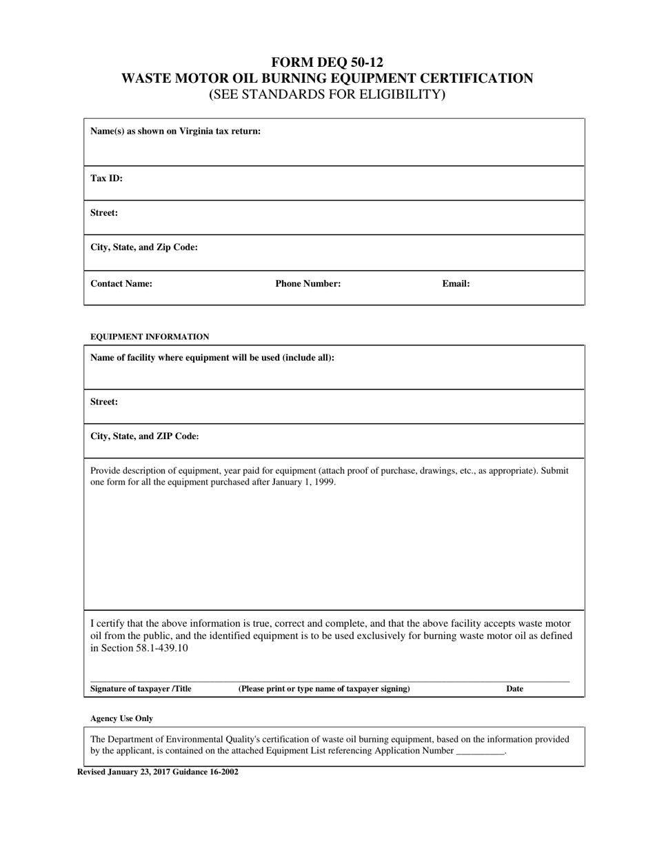 Form DEQ50-12 Waste Motor Oil Burning Equipment Certification - Virginia, Page 1