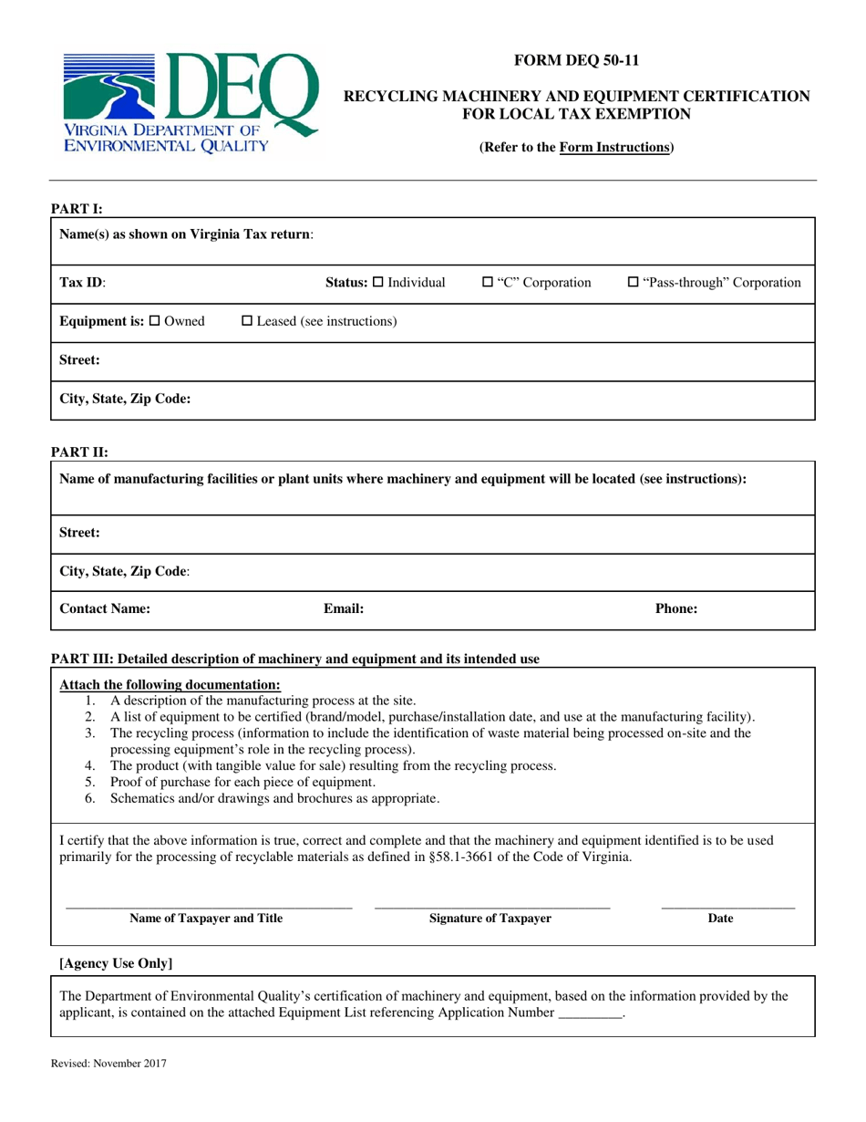 Form DEQ50-11 Recycling Machinery and Equipment Certification for Local Tax Exemption - Virginia, Page 1