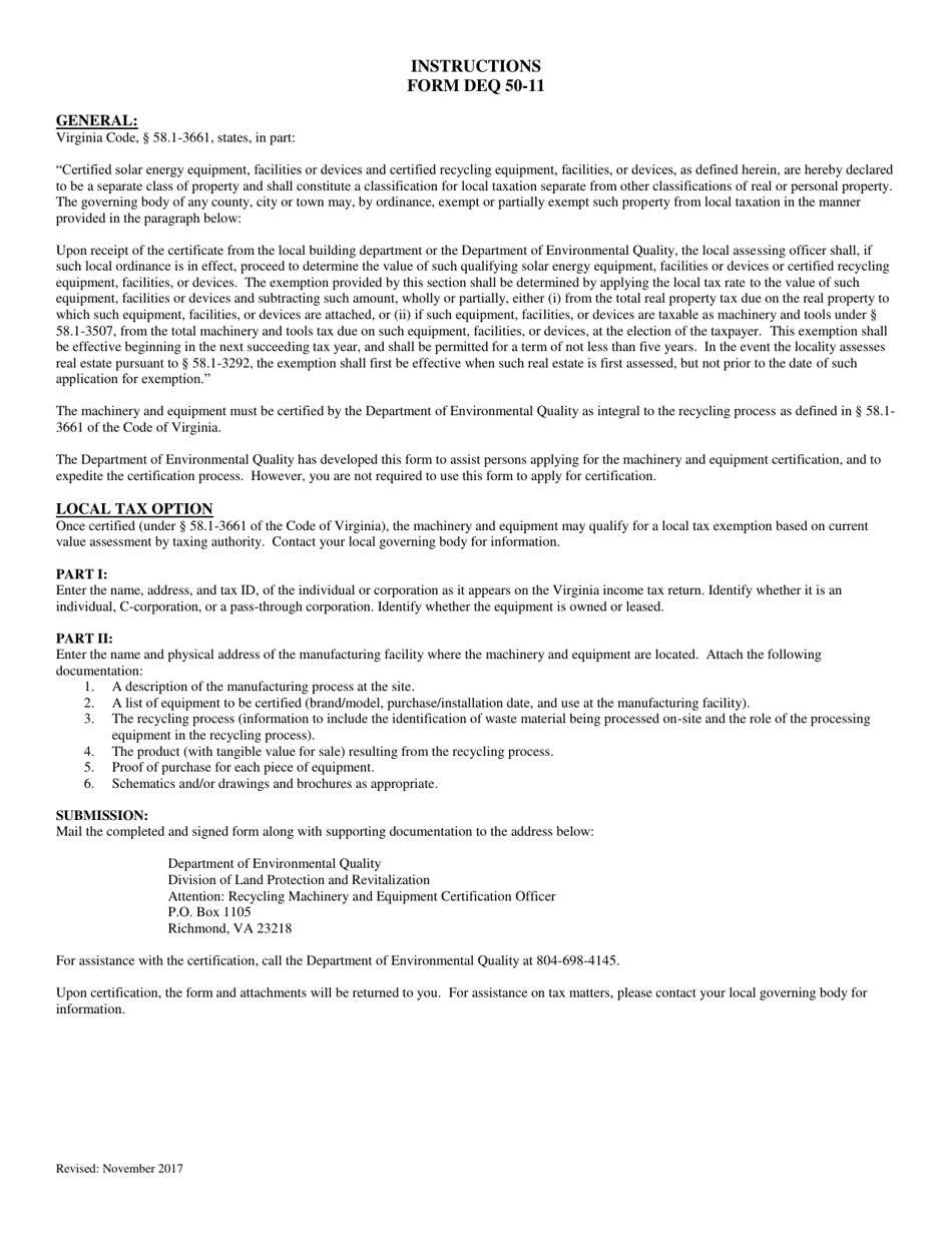 Form DEQ50-11 Recycling Machinery and Equipment Certification for Local Tax Exemption - Virginia, Page 2