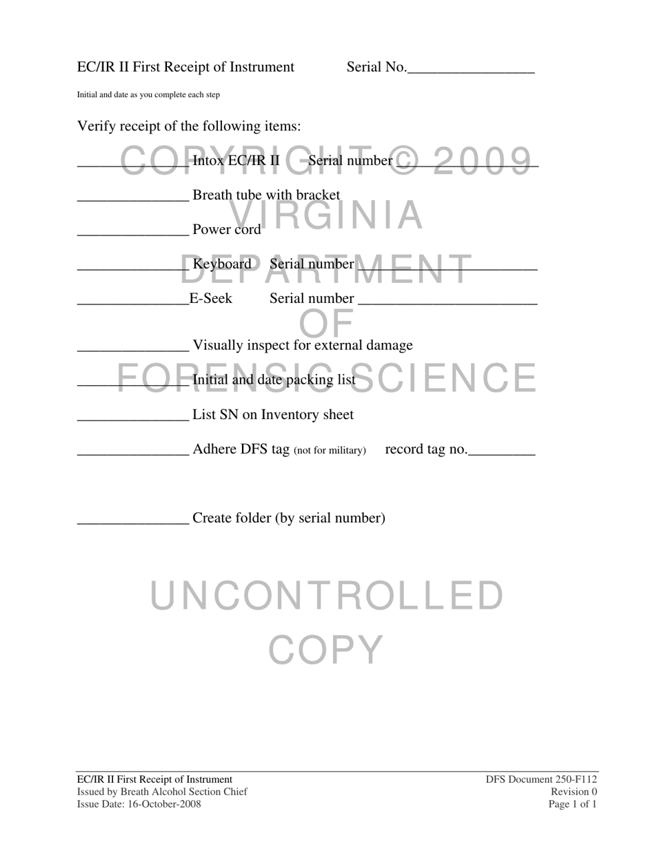 DFS Form 250-F112 Ec / Ir II First Receipt of Instrument - Virginia, Page 1