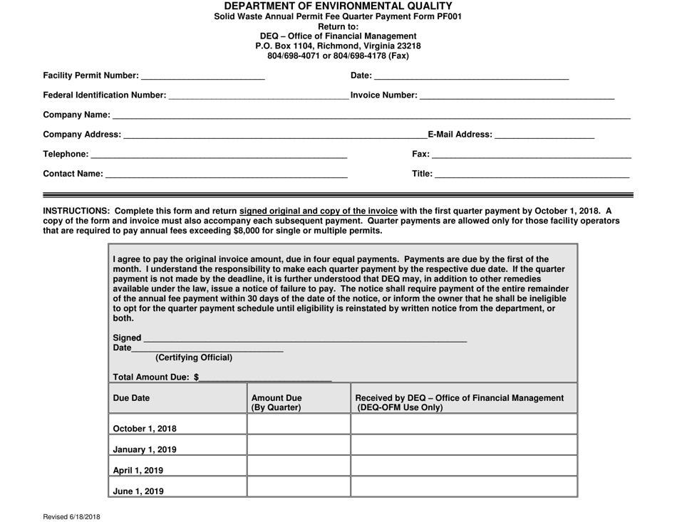Form PF001 Solid Waste Annual Permit Fee Quarter Payment - Virginia, Page 1