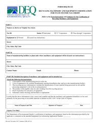 Document preview: Form DEQ50-11S Recycling Machinery and Equipment Certification for State Income Tax Credit - Virginia