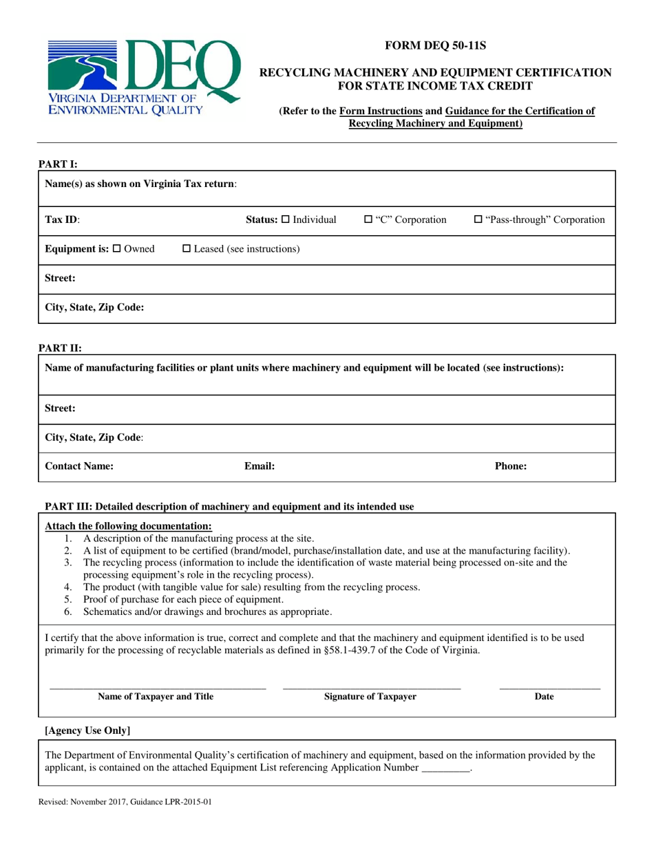 Form DEQ50-11S Recycling Machinery and Equipment Certification for State Income Tax Credit - Virginia, Page 1
