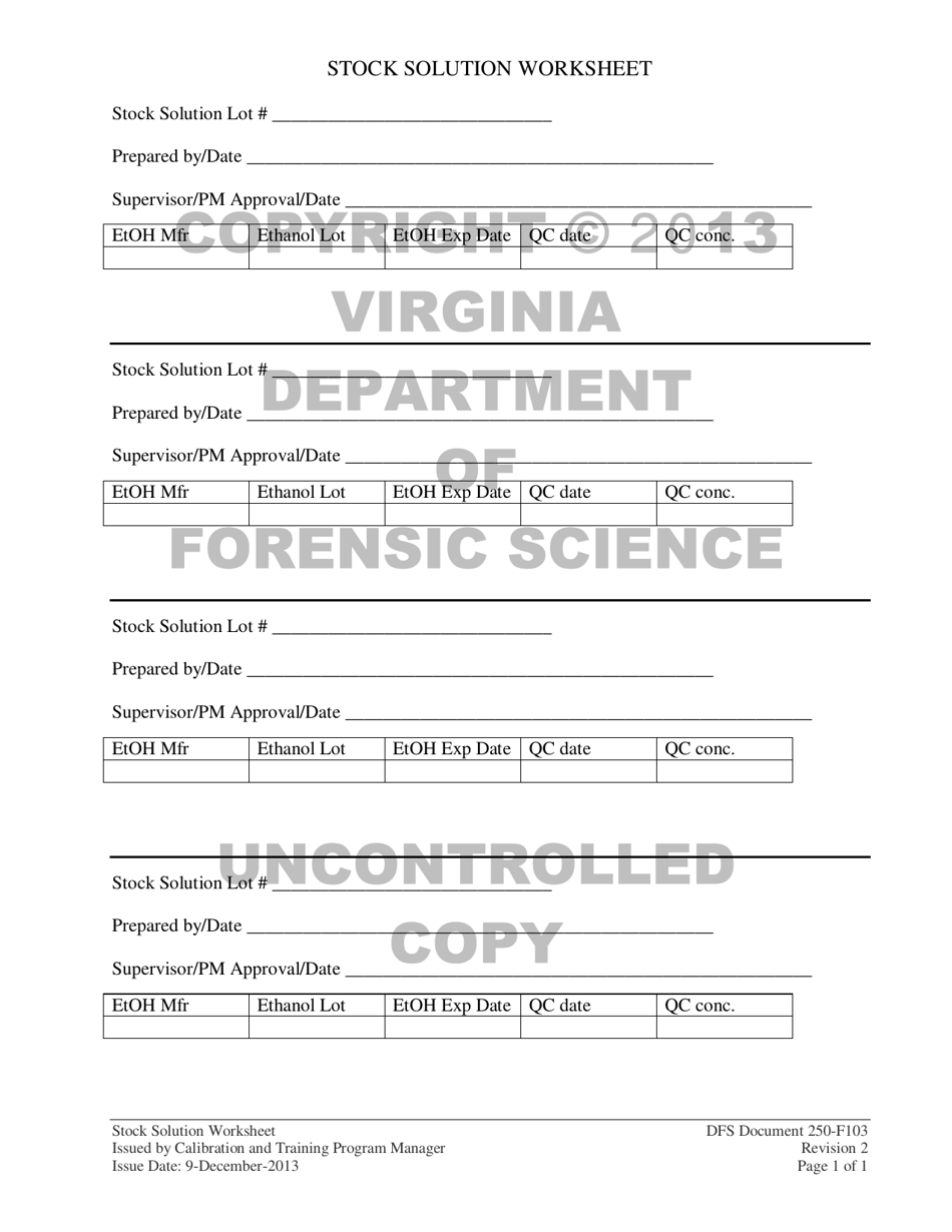 DFS Form DFS250-F103 Stock Solution Worksheet - Virginia, Page 1