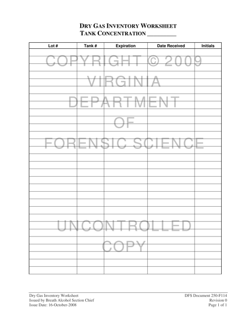 DFS Form DFS250-F114 Dry Gas Inventory Worksheet - Virginia