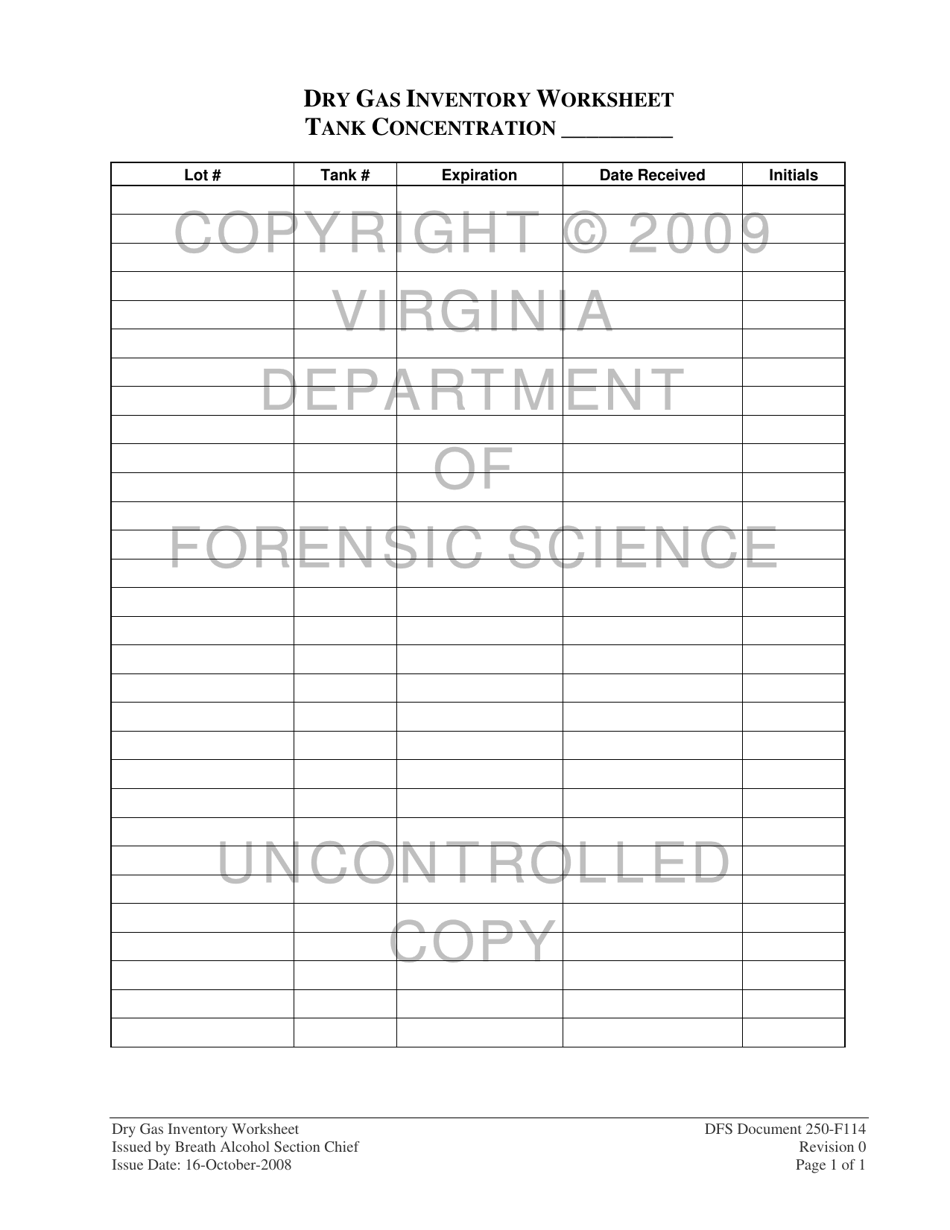 DFS Form DFS250-F114 Dry Gas Inventory Worksheet - Virginia, Page 1