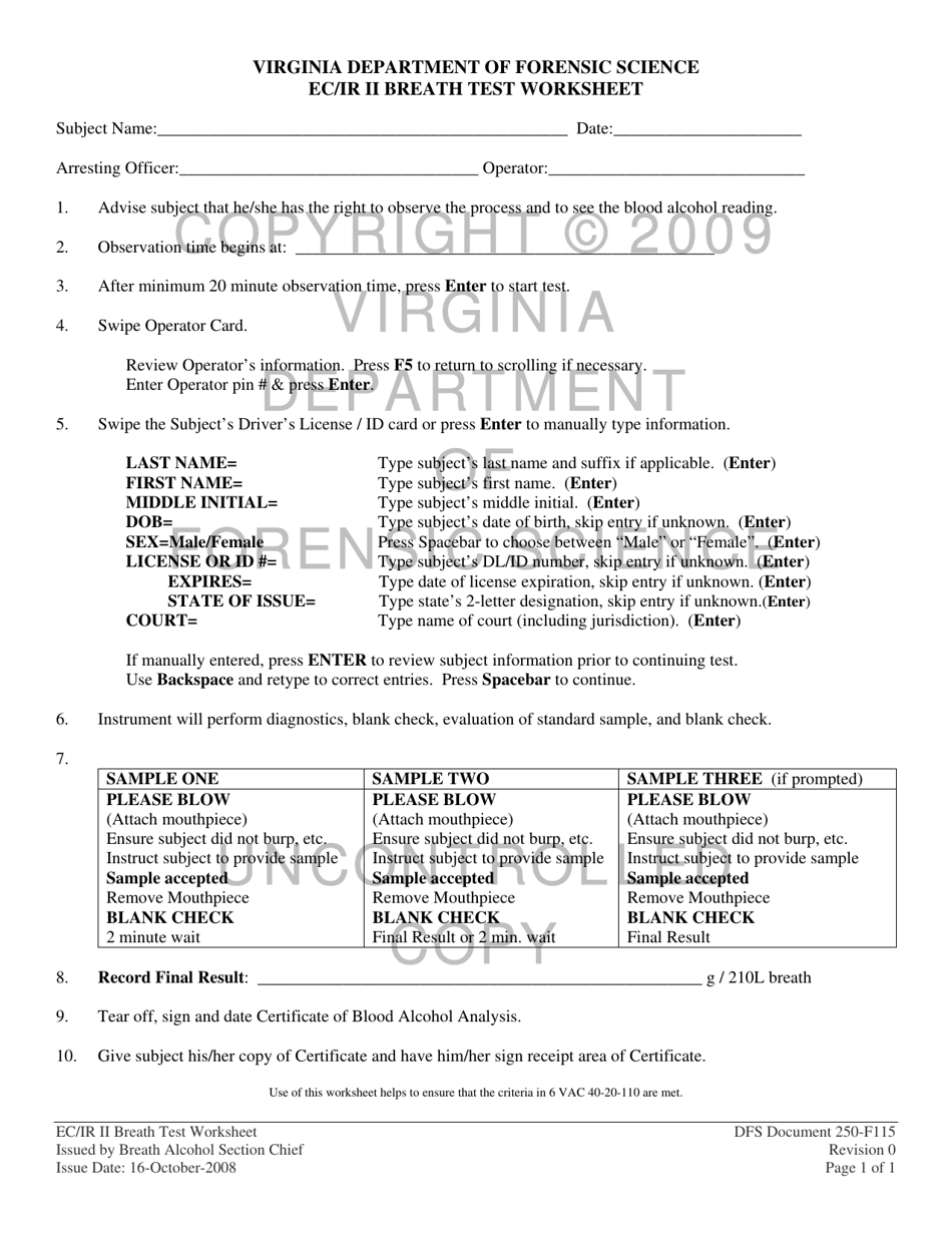DFS Form DFS250-F115 Ec / Ir II Breath Test Worksheet - Virginia, Page 1