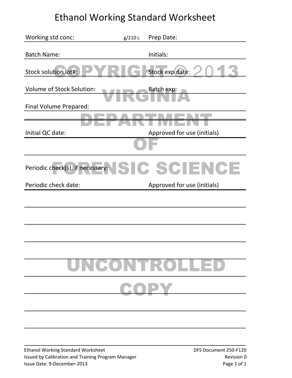 DFS Form DFS250-F120 Ethanol Working Standard Worksheet - Virginia, Page 1