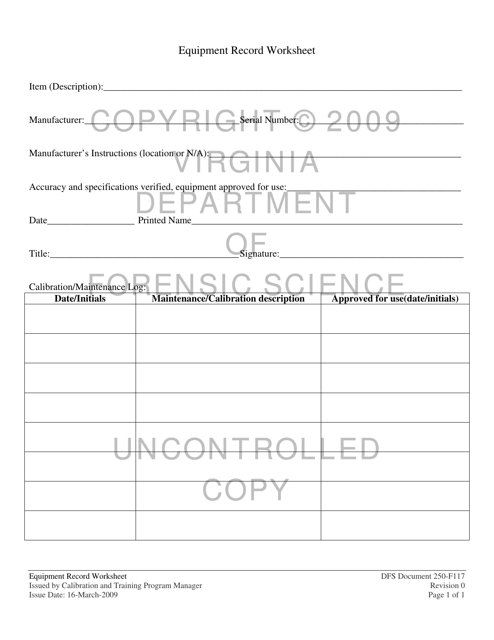 DFS Form DFS250-F117 Equipment Record Worksheet - Virginia