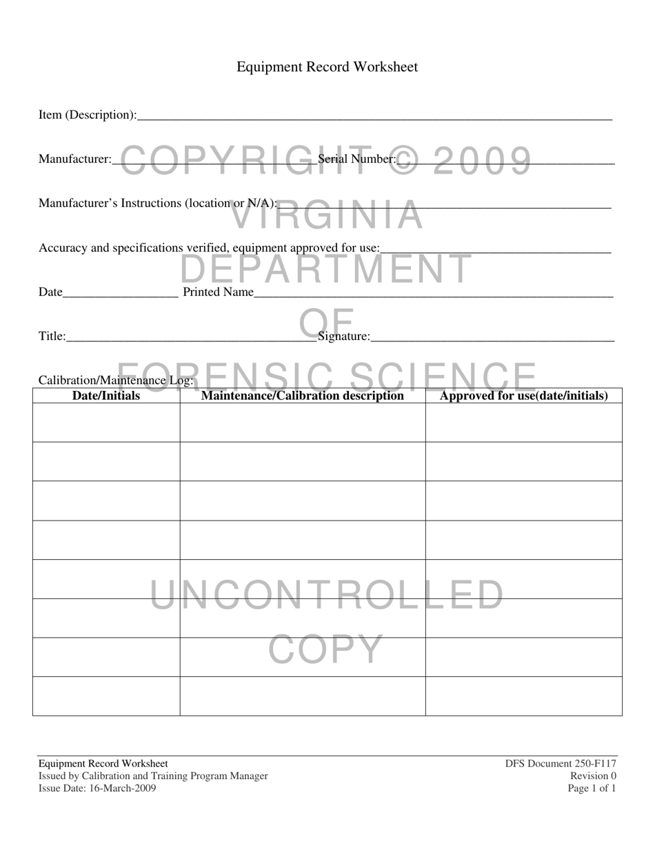 DFS Form DFS250-F117 Equipment Record Worksheet - Virginia, Page 1