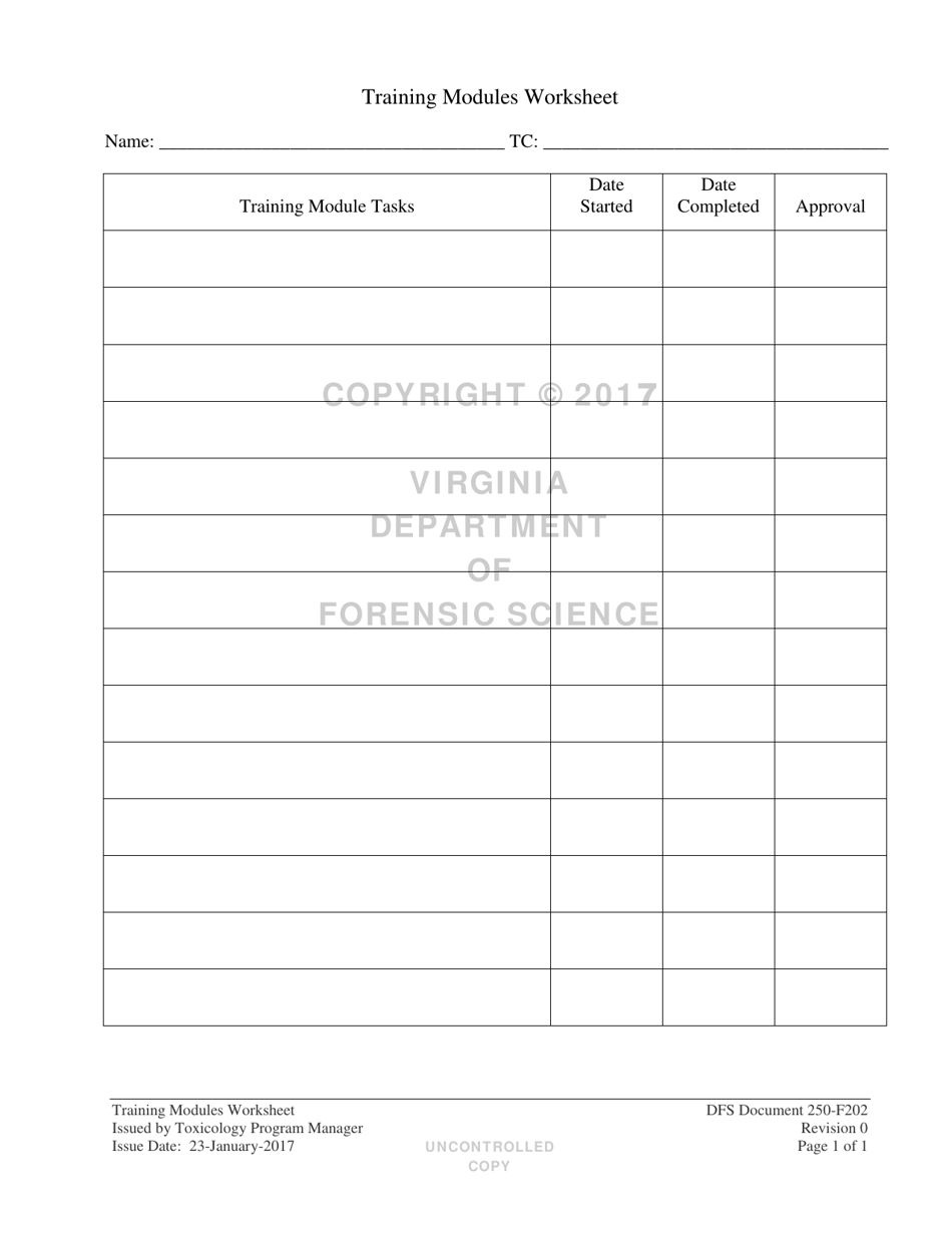 DFS Form DFS250-F202 Training Modules Worksheet - Virginia, Page 1