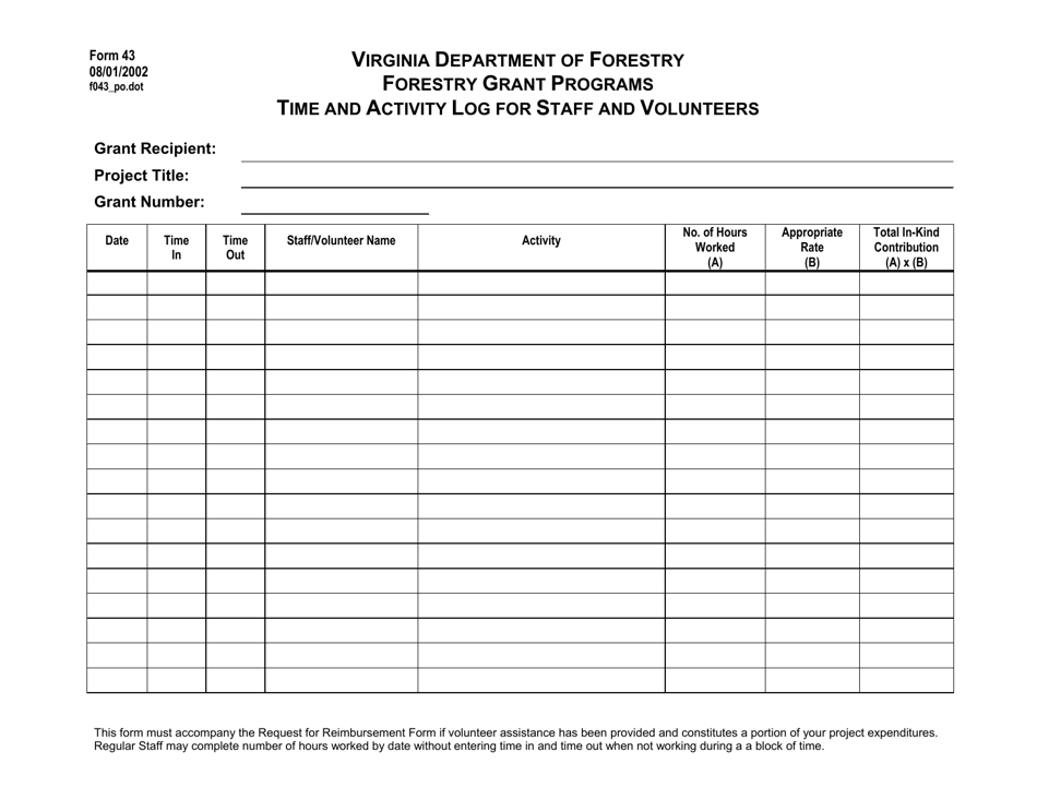 Form 43 Time and Activity Log for Staff and Volunteers - Forestry Grant Programs - Virginia, Page 1