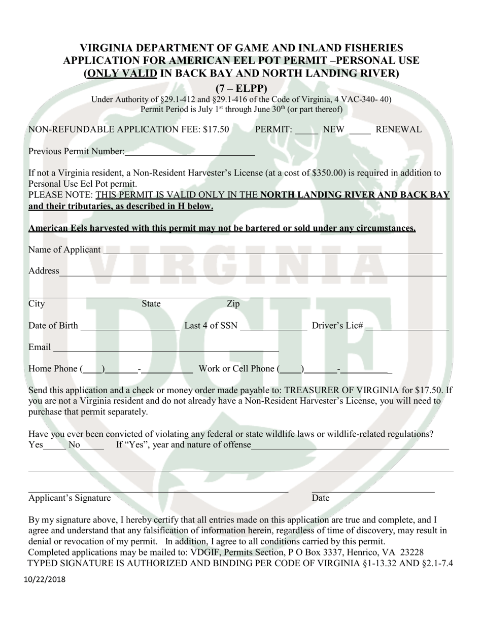 Application for American Eel Pot Permit - Personal Use - Virginia, Page 1