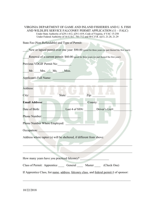 Falconry Permit Application Form - Virginia Download Pdf