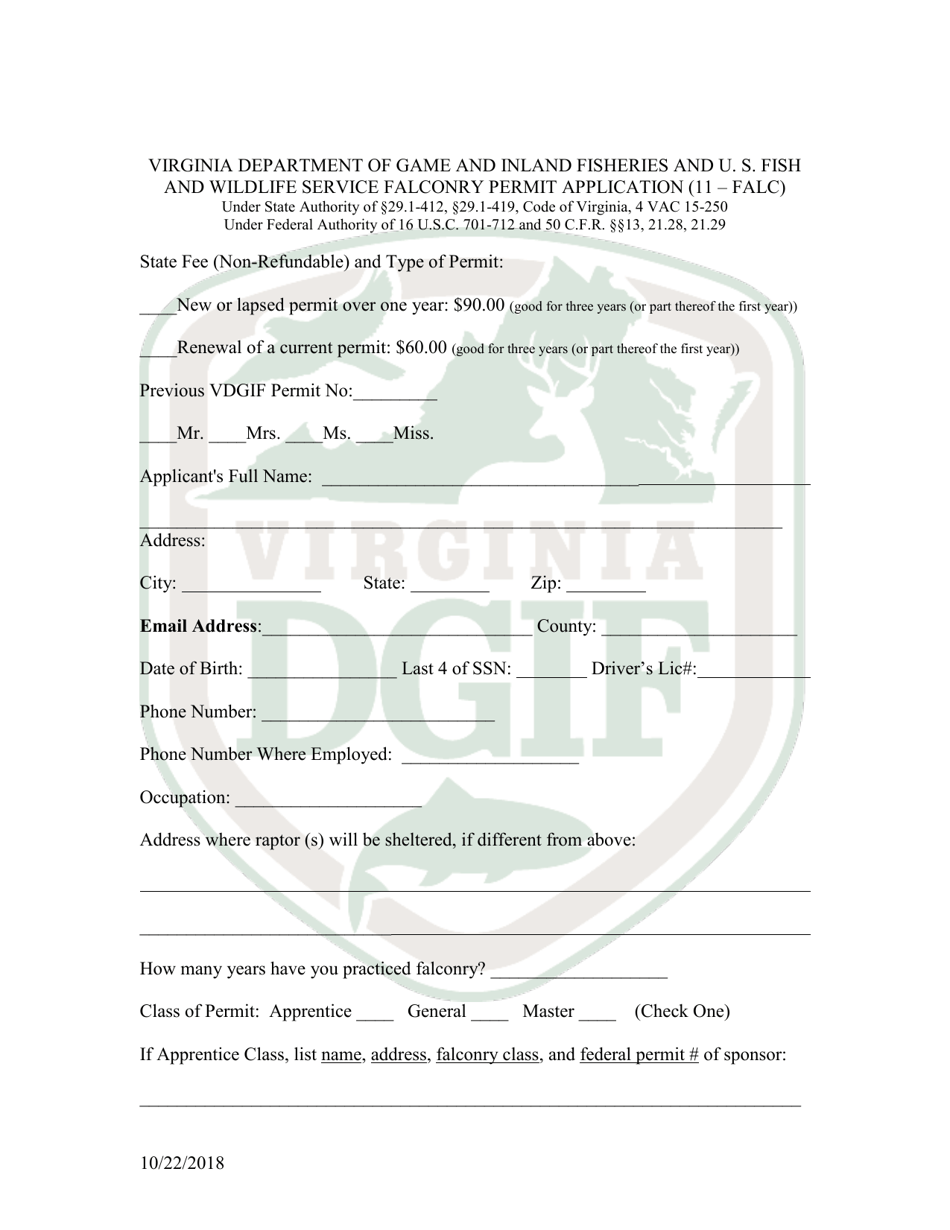 Virginia Falconry Permit Application Form Fill Out, Sign Online and
