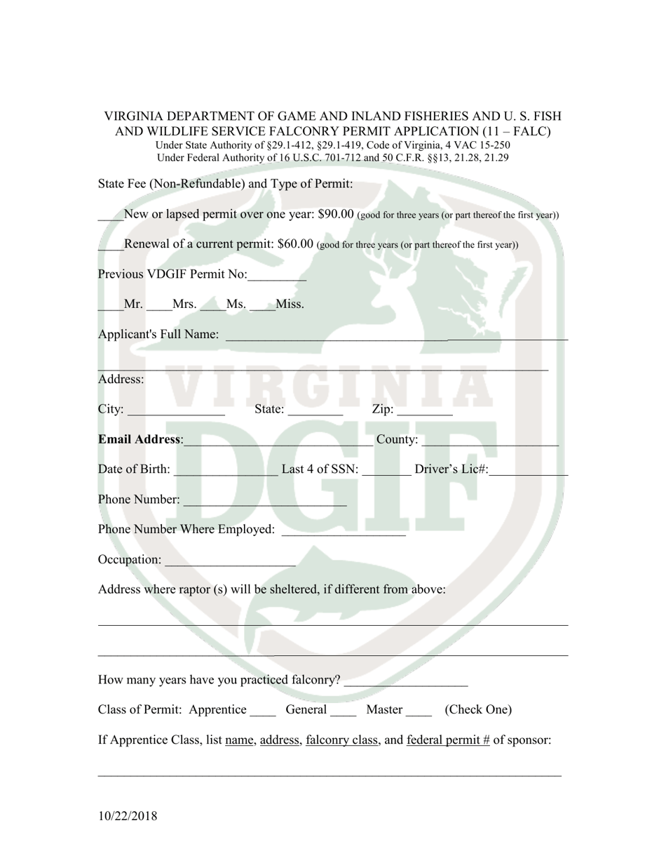 Falconry Permit Application Form - Virginia, Page 1