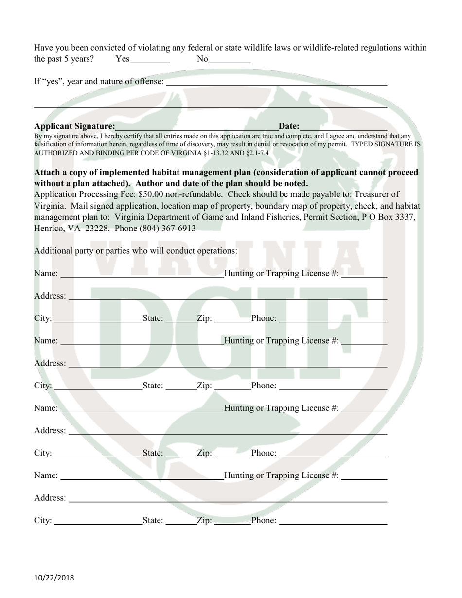Animal Population Control Permit Application Form (1 - Popf) - Virginia, Page 2