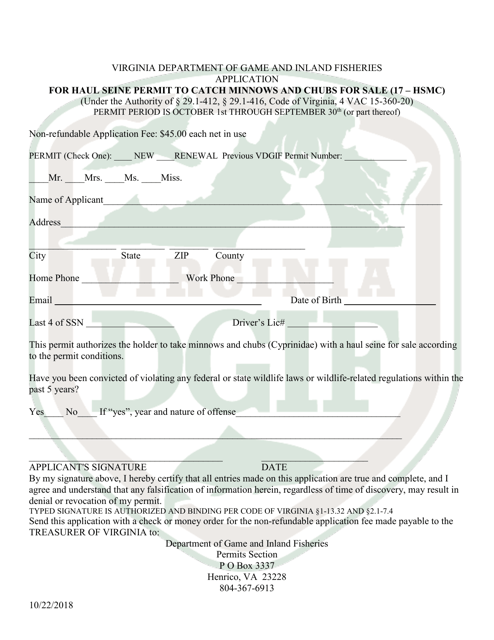 Application for Haul Seine Permit to Catch Minnows and Chubs for Sale - Virginia Download Pdf