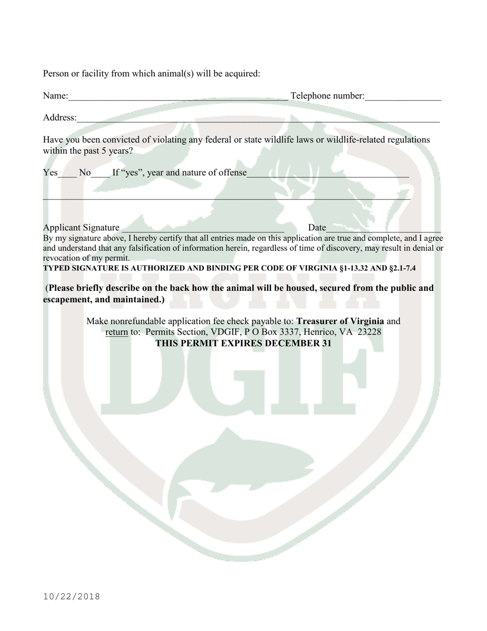 Application to Import and Possess Certain Non-native (Exotic) Wildlife in Virginia - Virginia, Page 2