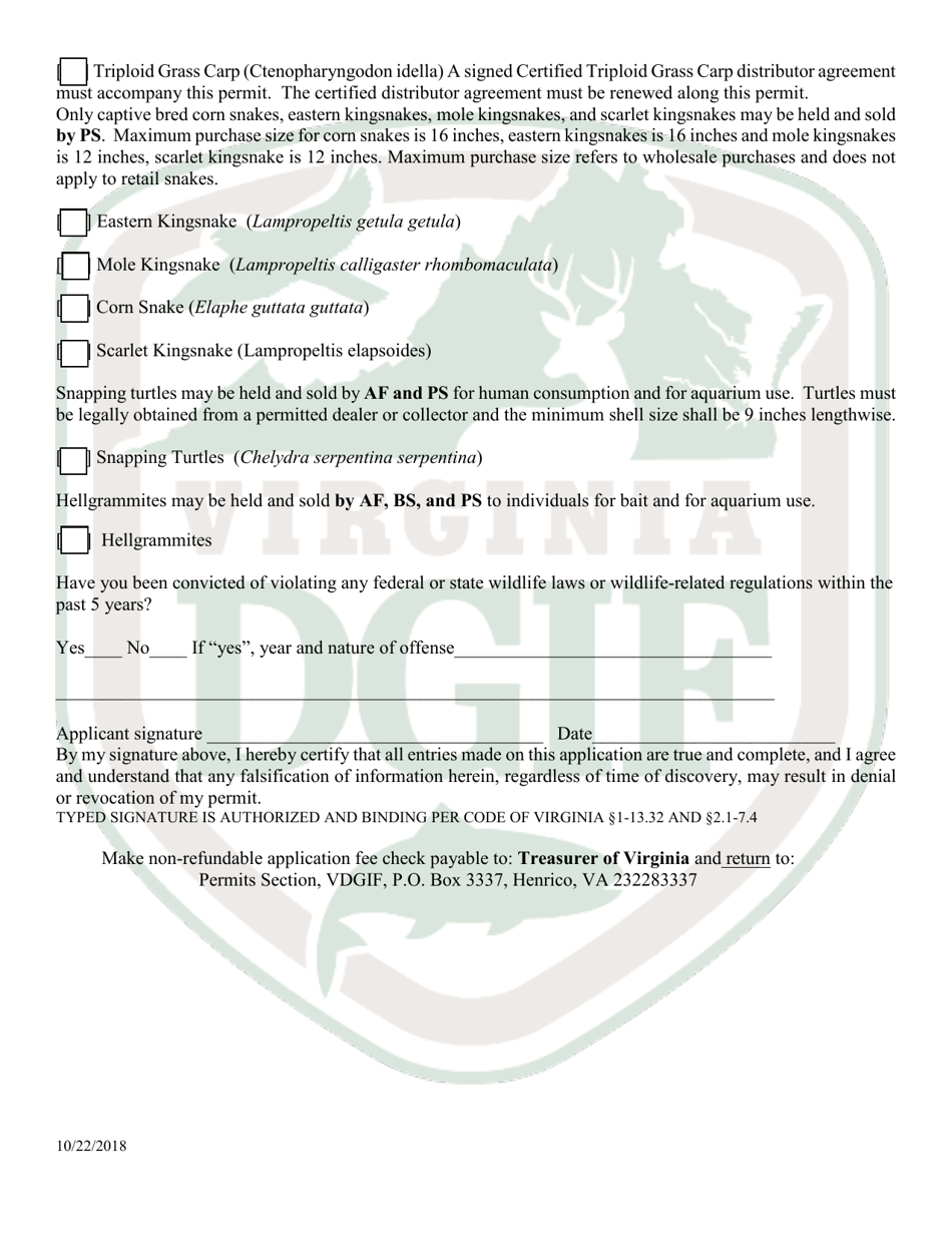 Application to Hold and Sell Certain Fish, Snakes, Snapping Turtles,  Hellgrammites for Sale - Virginia, Page 3