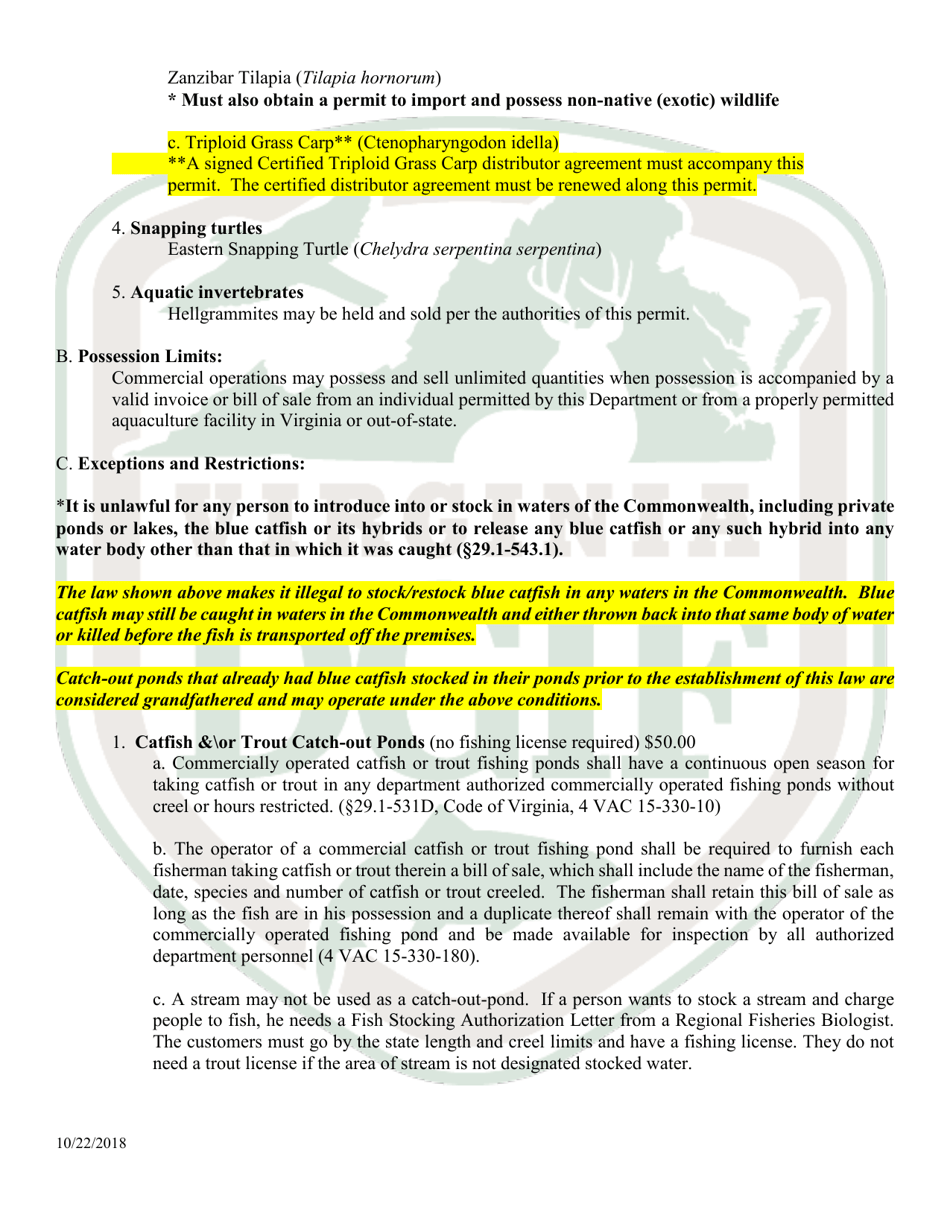 Application to Hold and Sell Certain Fish, Snakes, Snapping Turtles,  Hellgrammites for Sale - Virginia, Page 6