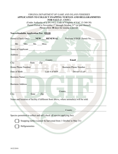 Application to Collect Snapping Turtles and Hellgrammites for Sale - Virginia Download Pdf