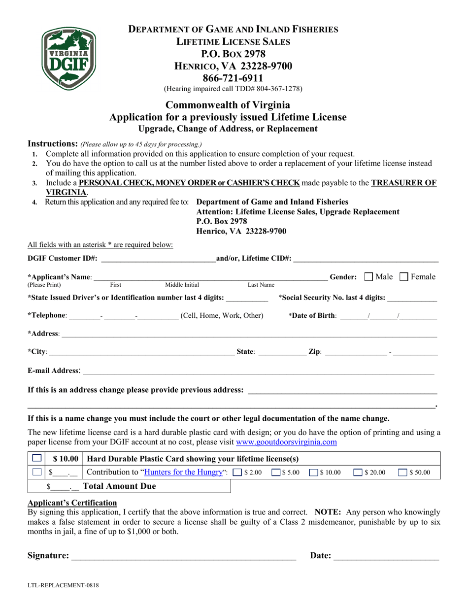 Application for a Previously Issued Lifetime License - Upgrade, Change of Address, or Replacement - Virginia, Page 1