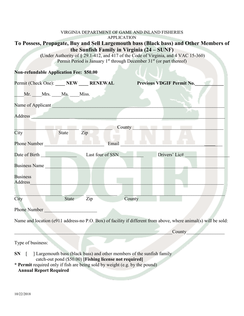 Application to Possess, Propagate, Buy and Sell Largemouth Bass (Black Bass) and Other Members of the Sunfish Family in Virginia - Virginia, Page 1