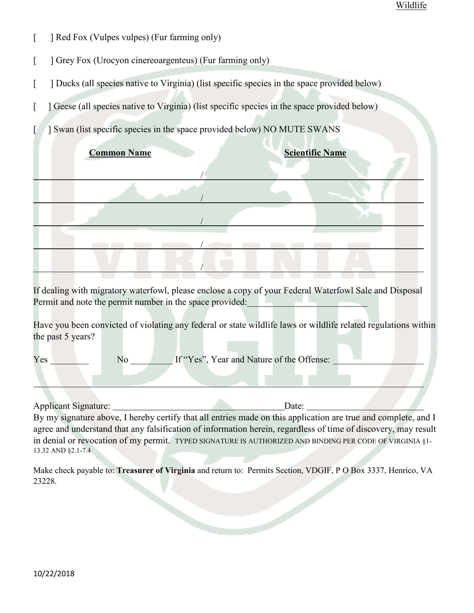 Application to Possess, Propagate, Buy and Sell Certain Wildlife in Virginia (23  Prsl) - Wildlife - Virginia, Page 2