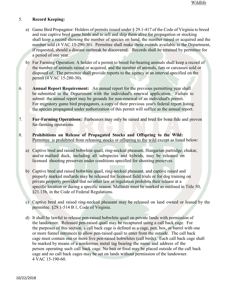 Application to Possess, Propagate, Buy and Sell Certain Wildlife in Virginia (23  Prsl) - Wildlife - Virginia, Page 6
