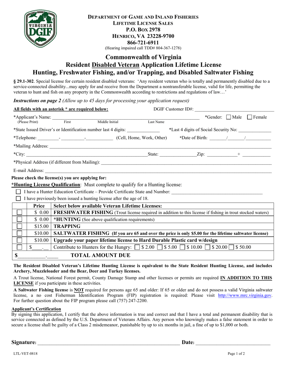 Form LTL-VET Resident Disabled Veteran Lifetime License Application - Hunting, Freshwater Fishing, and / or Trapping, and Disabled Saltwater Fishing - Virginia, Page 1