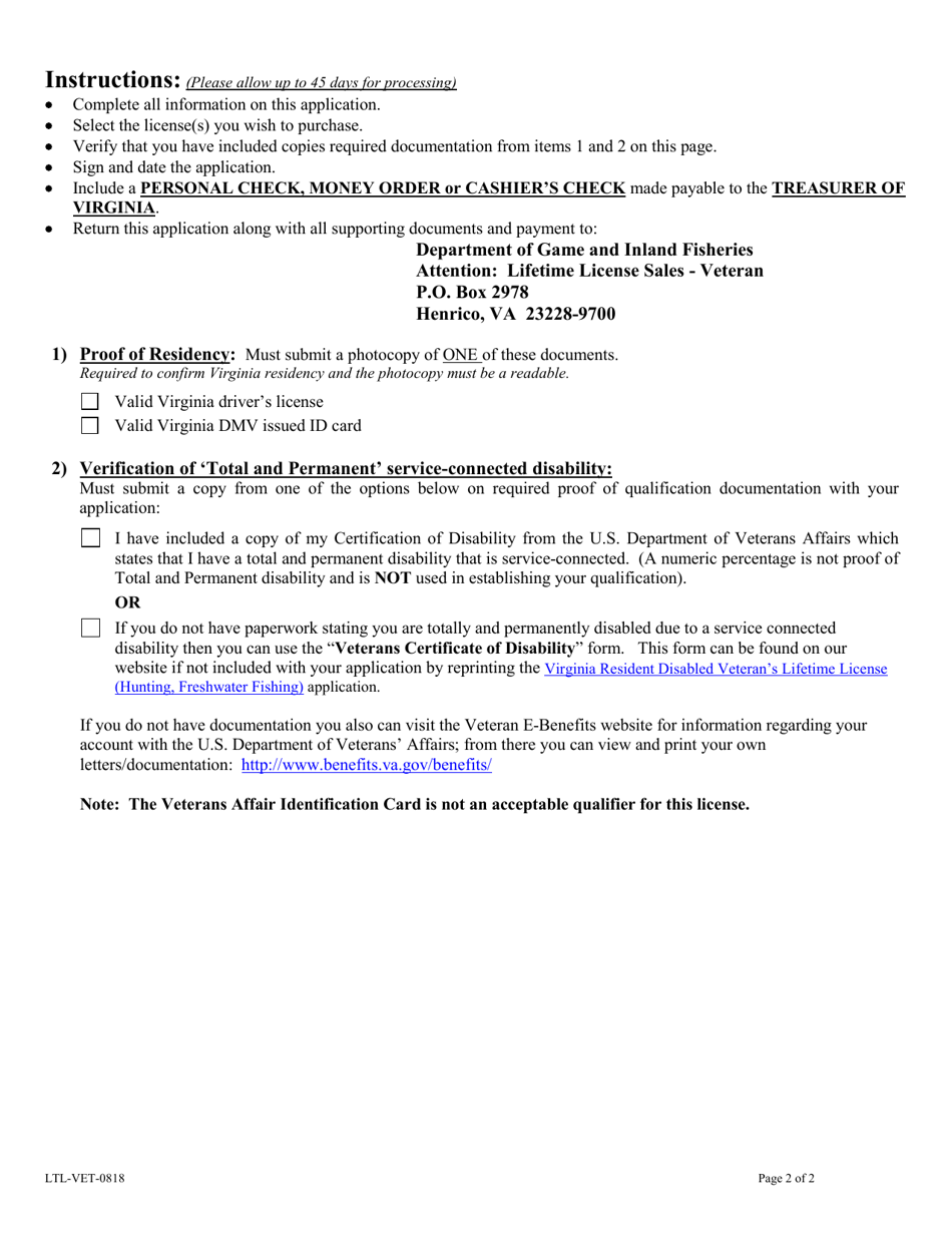 Form LTL-VET Resident Disabled Veteran Lifetime License Application - Hunting, Freshwater Fishing, and / or Trapping, and Disabled Saltwater Fishing - Virginia, Page 2