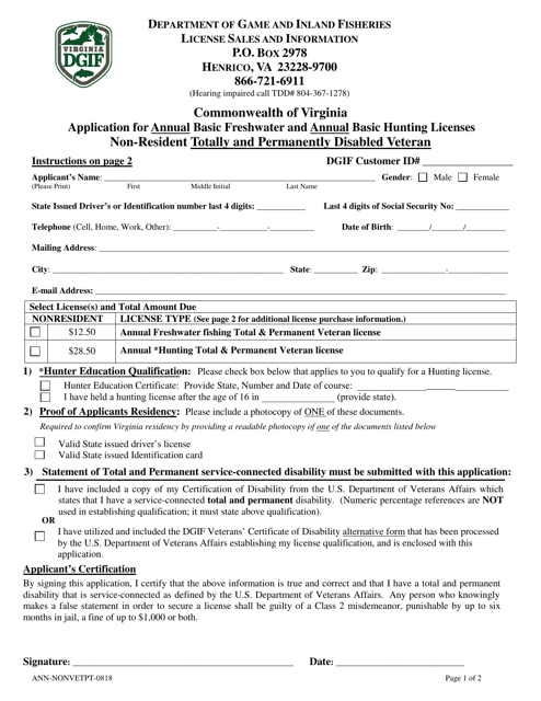 Application for Annual Basic Freshwater and Annual Basic Hunting Licenses - Non-resident Totally and Permanently Disabled Veteran - Virginia