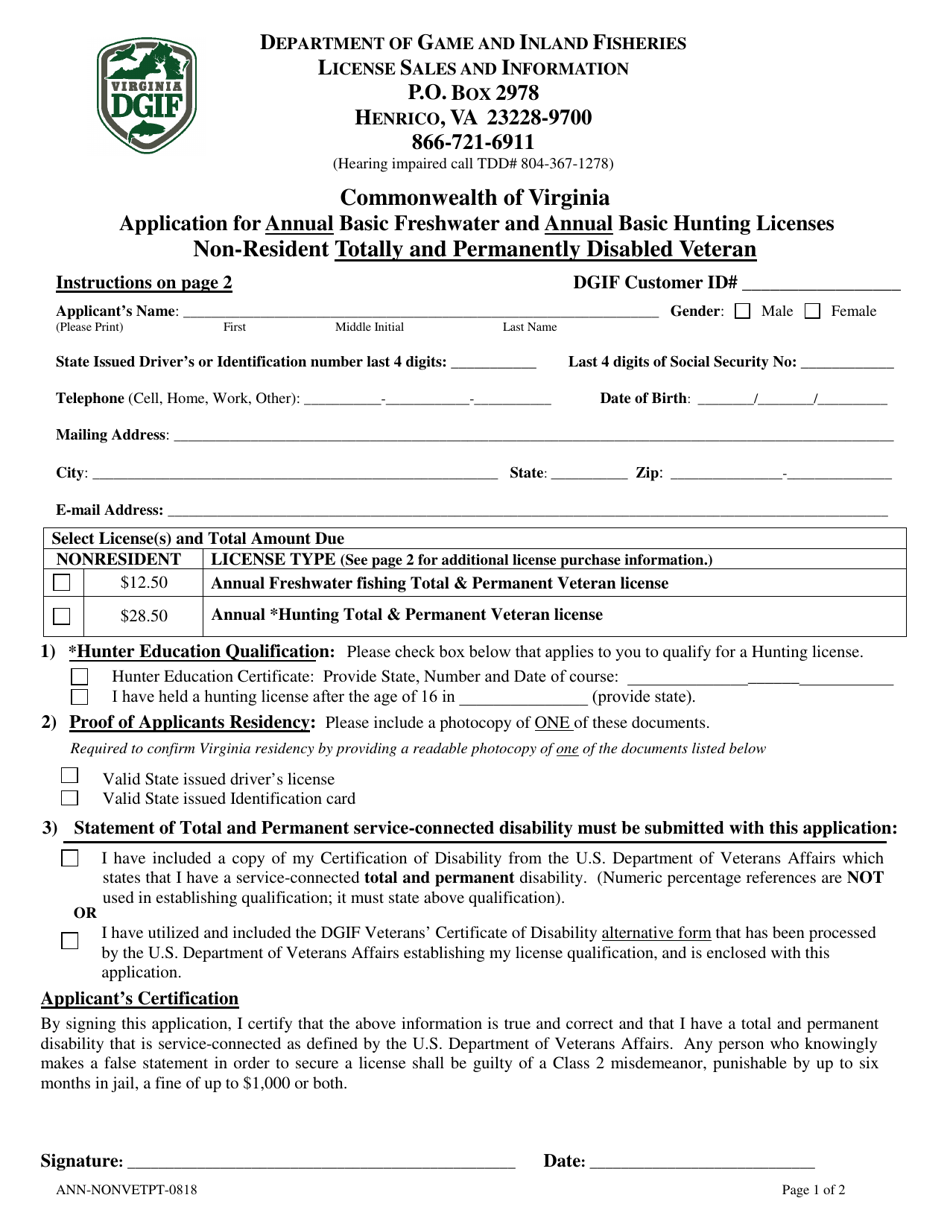 Application for Annual Basic Freshwater and Annual Basic Hunting Licenses - Non-resident Totally and Permanently Disabled Veteran - Virginia, Page 1