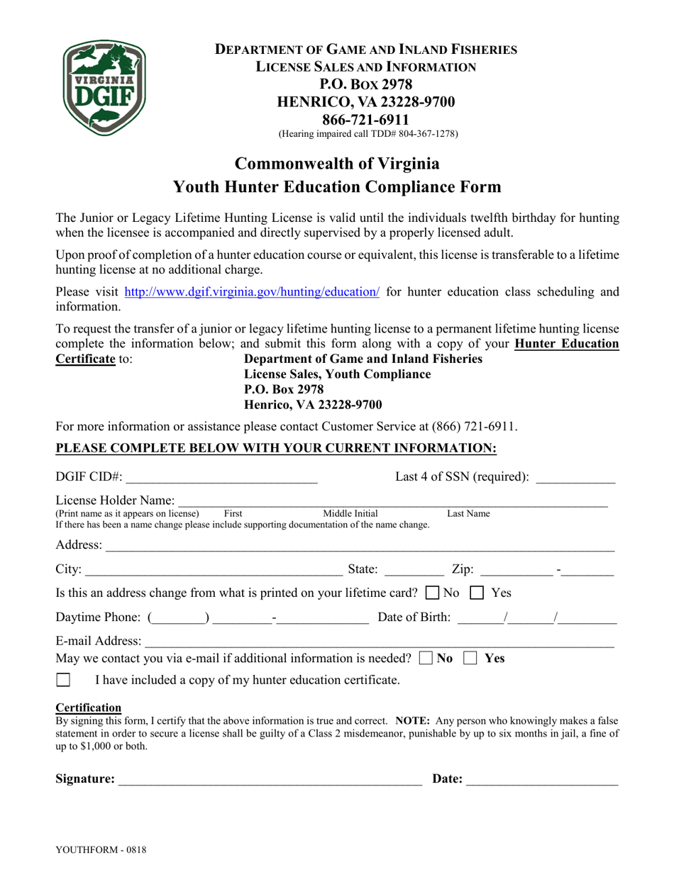 Youth Hunter Education Compliance Form - Virginia, Page 1