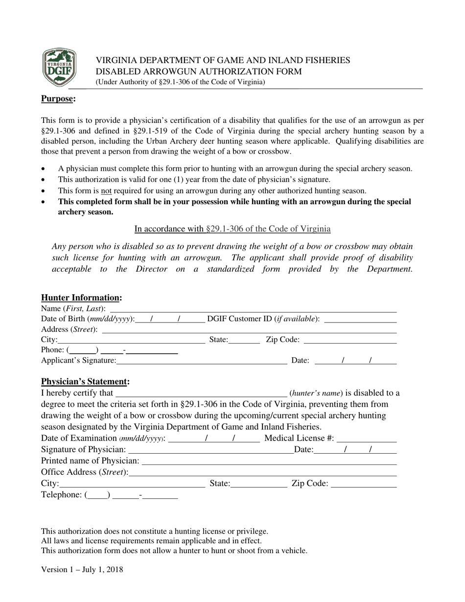 Disabled Arrowgun Authorization Form - Virginia, Page 1