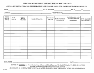 Annual Reporting Form for the Release of Live-Trapped Foxes Into Foxhound Training Preserves - Virginia, Page 8