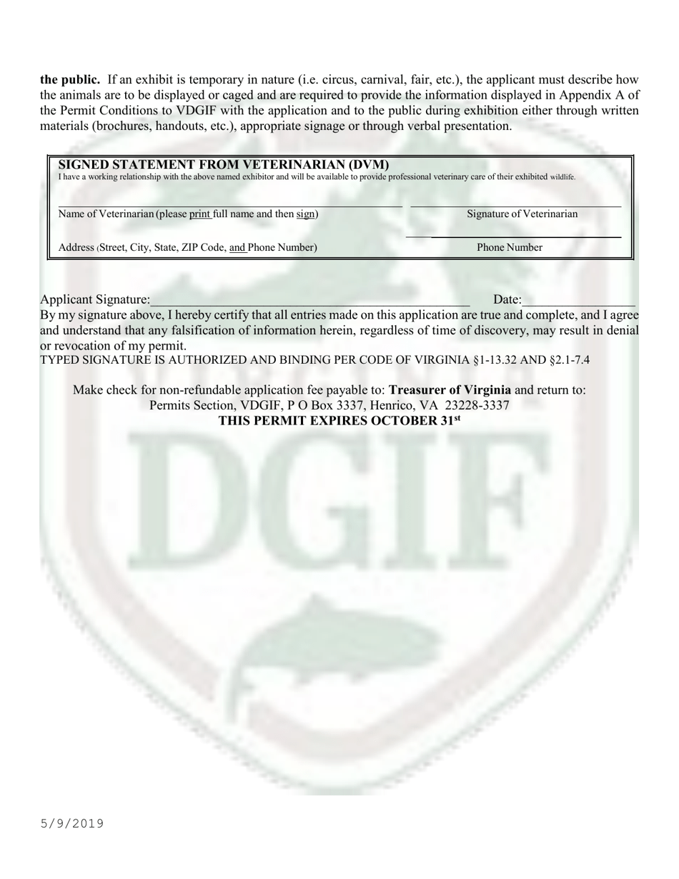 Application to Exhibit Wild Animals in Virginia - Virginia, Page 2