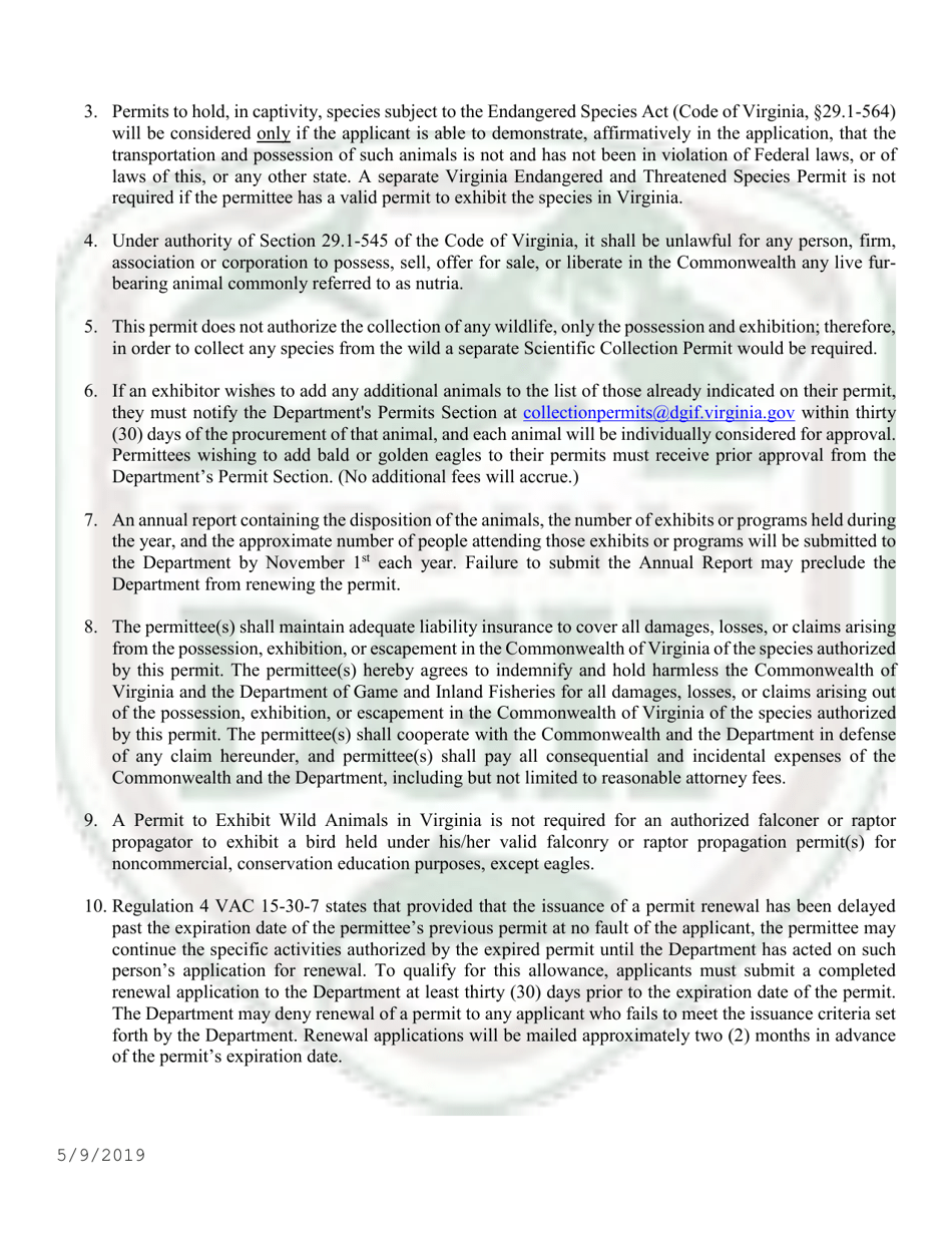 Application to Exhibit Wild Animals in Virginia - Virginia, Page 5