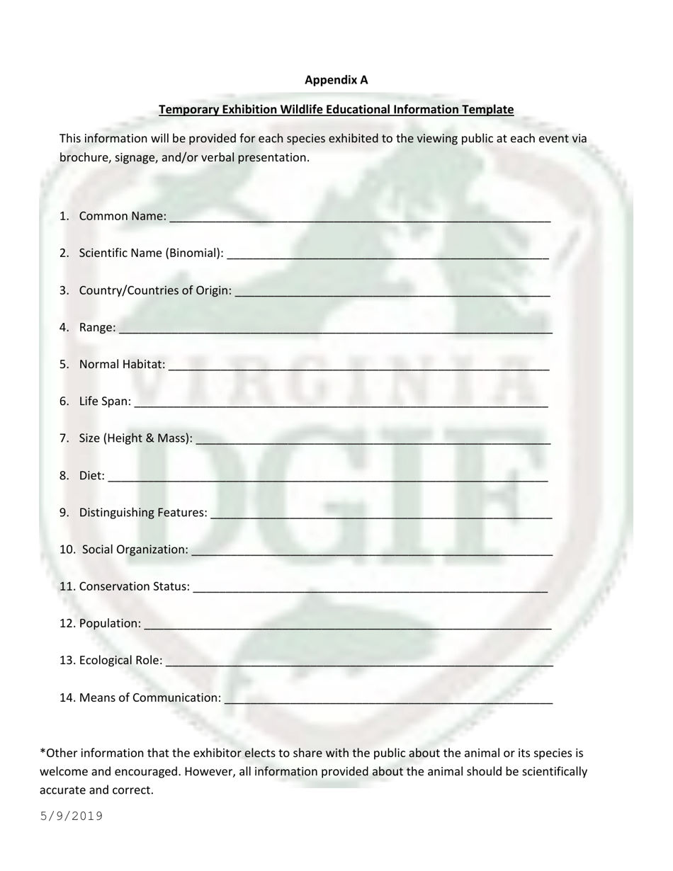 Application to Exhibit Wild Animals in Virginia - Virginia, Page 9