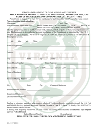 Document preview: Application for Permit to Stuff and Mount Birds, Animals, or Fish, and Parts of Them for Sale or Compensation (30 " Taxd/31 " Txd2) - Virginia