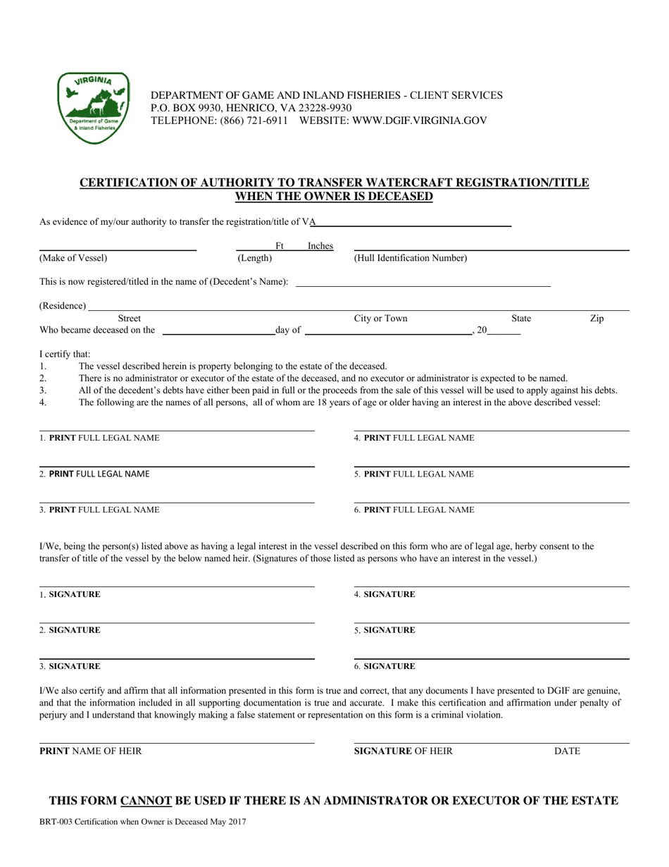 Form BRT-003 Certification of Authority to Transfer Watercraft Registration / Title When the Owner Is Deceased - Virginia, Page 1