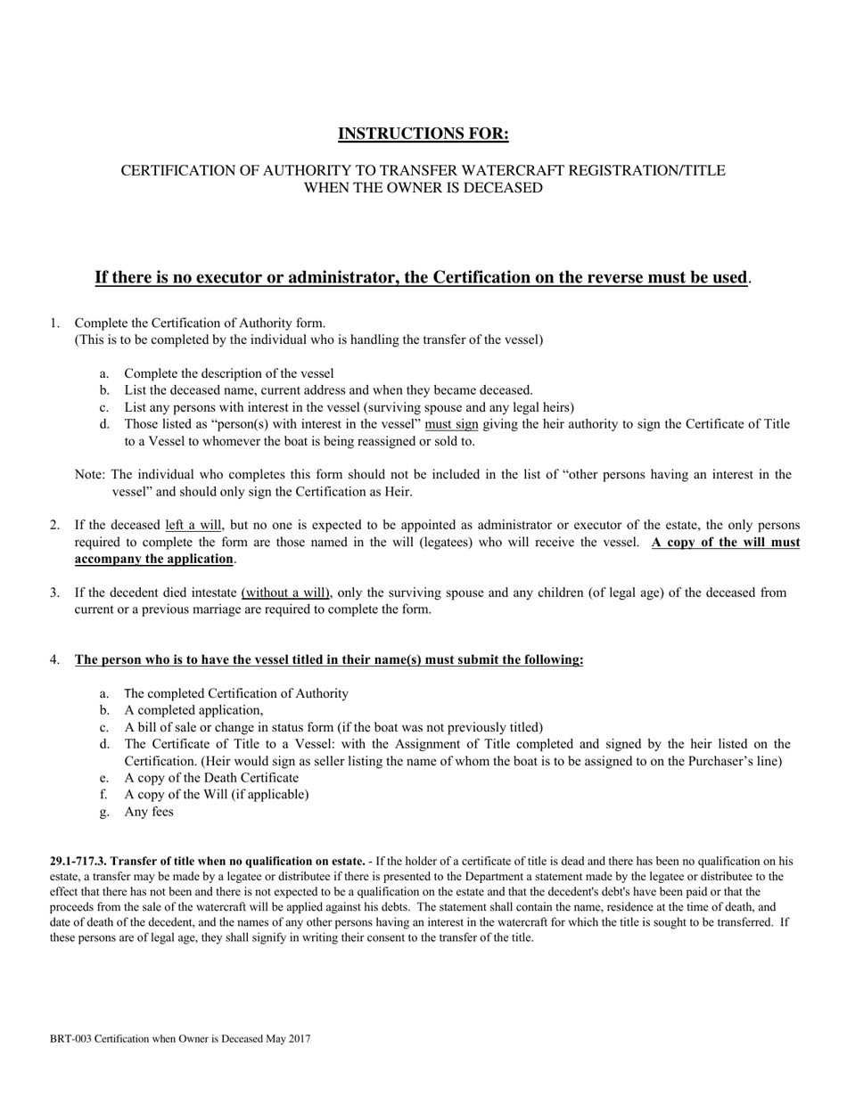 Form BRT-003 Certification of Authority to Transfer Watercraft Registration / Title When the Owner Is Deceased - Virginia, Page 2